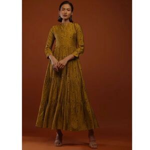 Kalki Fashion Flared Kurti Mustard Yellow Tiered Dress Silk With Bandhani Print